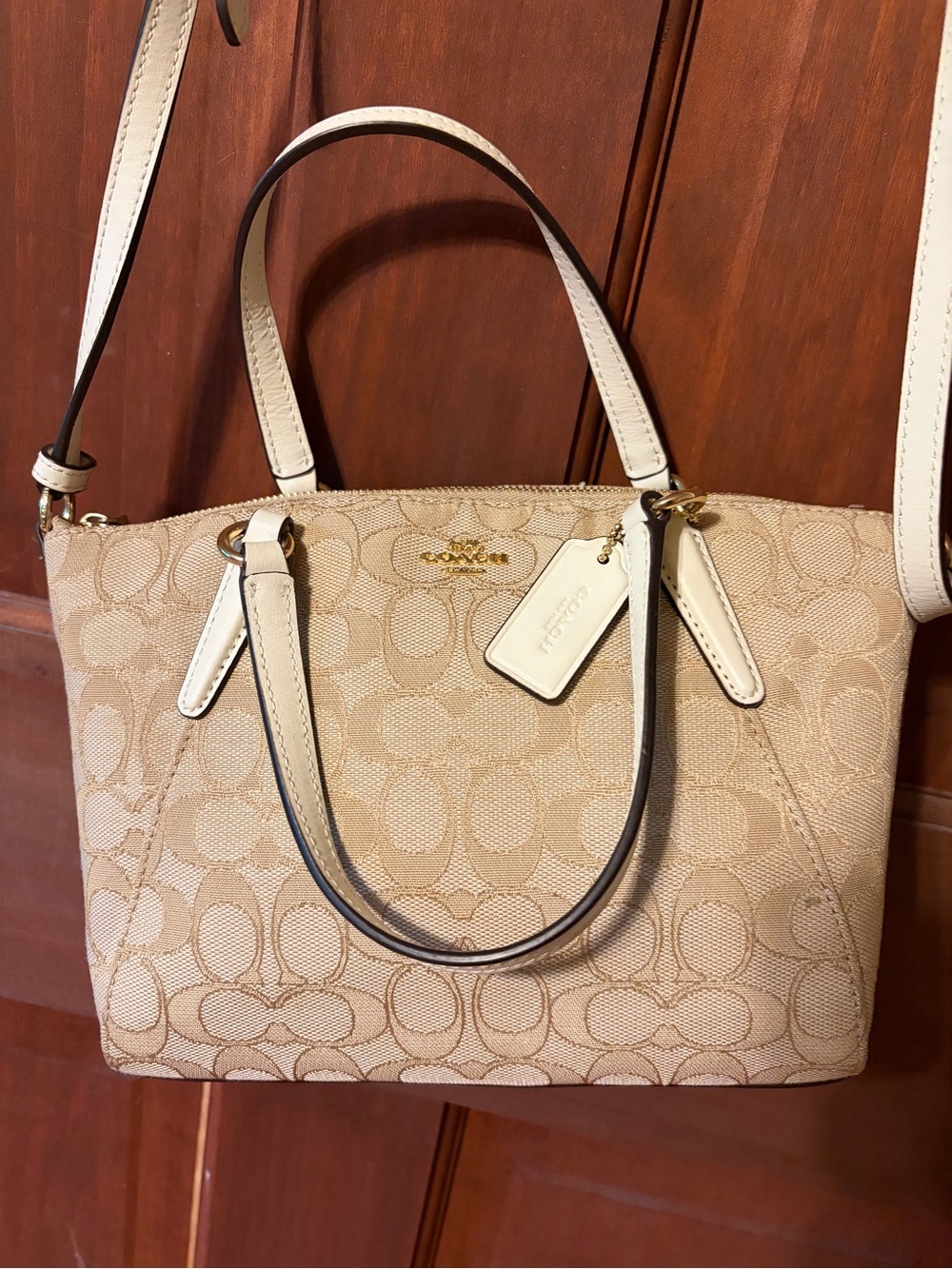 Coach Beige Signature Tote with White Trim